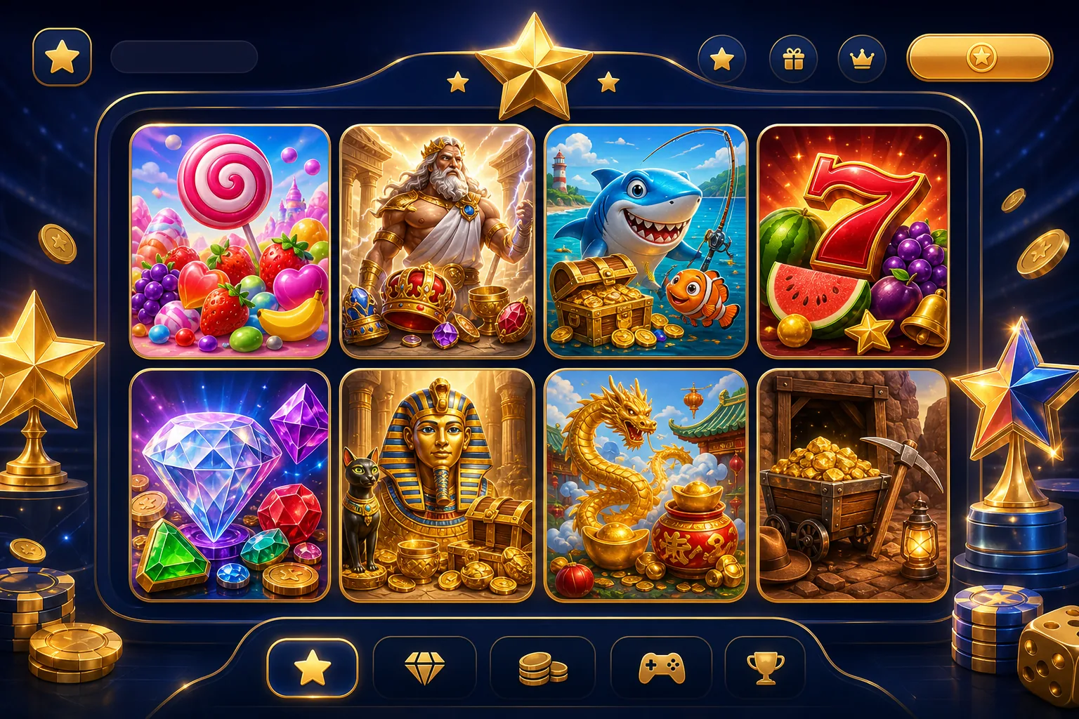 Starzbet slot ve oyun vitrini için yıldız temalı oyun lobisi görseli